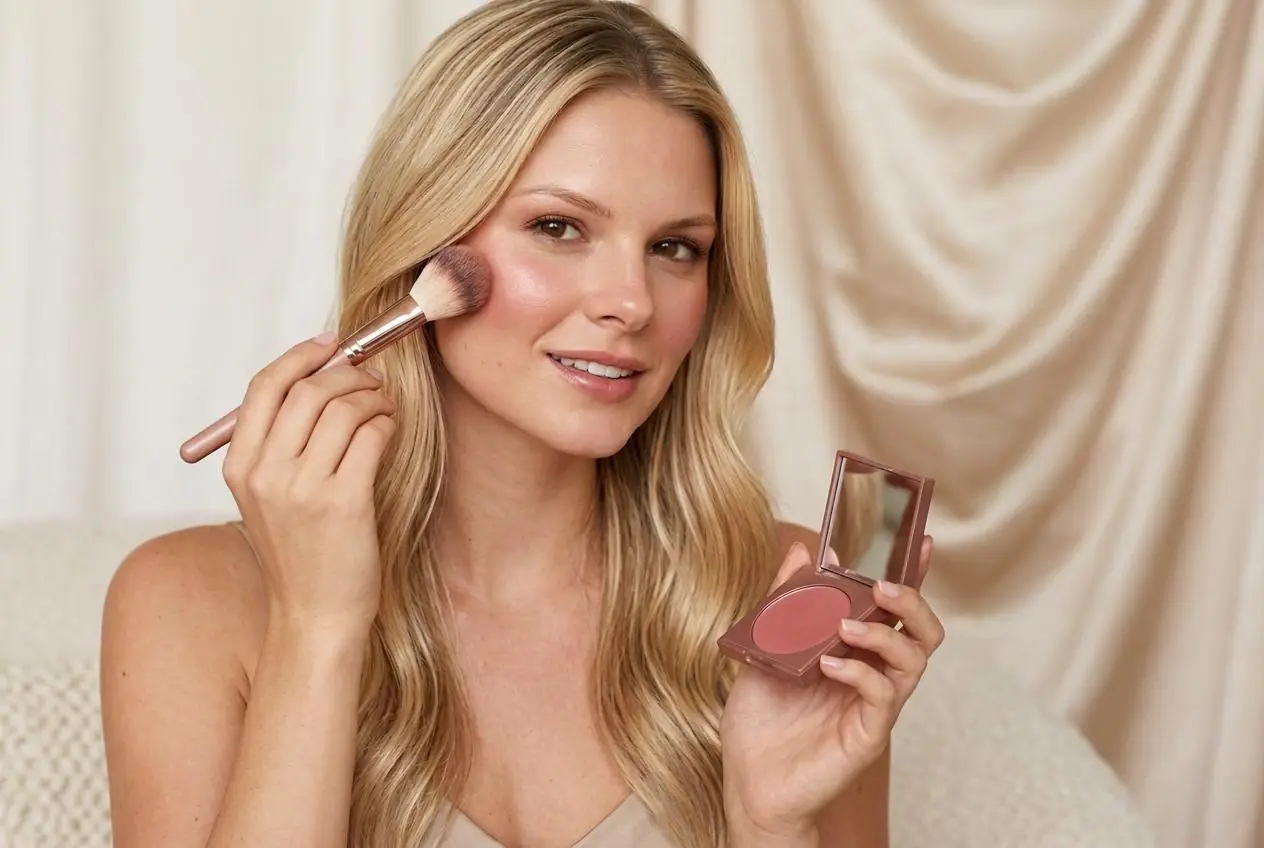 Alice passando blush no rosto com um pincel