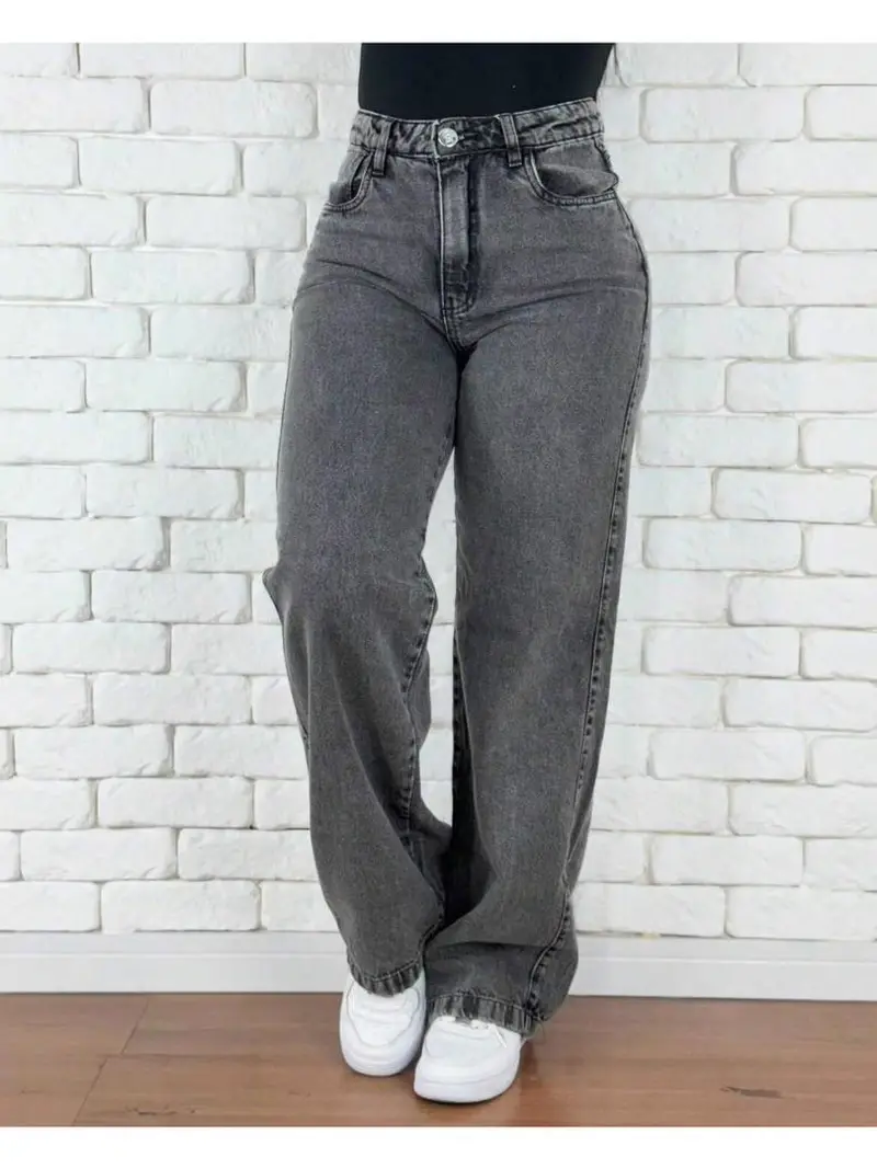 Calça Jeans Feminina Wide Leg Cintura Alta 100% Algodão