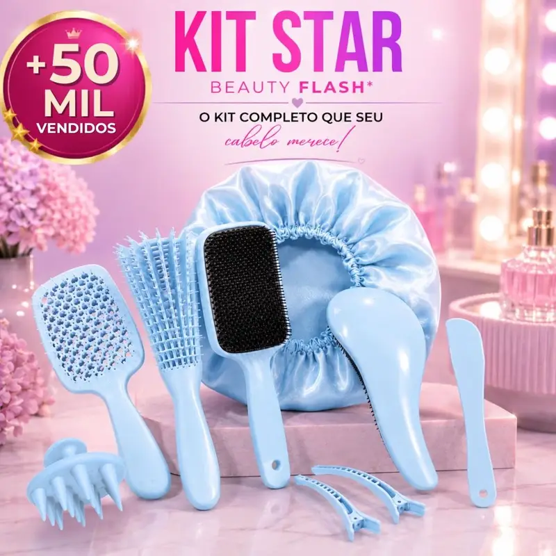 Kit 5 Escova Raquete Flex + Escova Mágica, Polvo Massageador e Touca de Cetim
